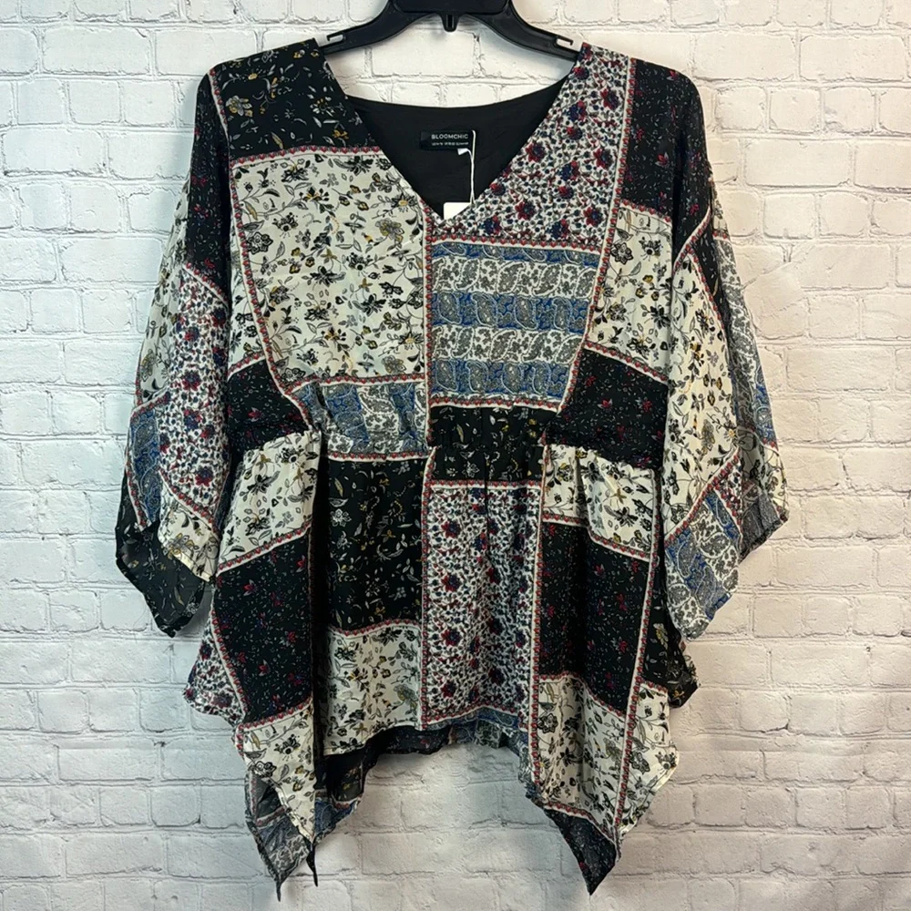 BloomChic Patchwork Pattern Flowy Elastic Waist Shark Bite Hem Top Plus Size 1X - Picture 2 of 8